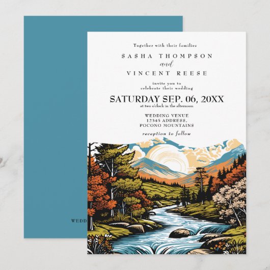 Pocono Mountains Wedding Invitation Retro 招待状 (正面/裏面)
