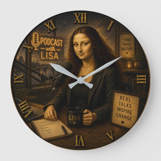 Podcast Host Funny Mona Lisa ラージ壁時計 (正面)