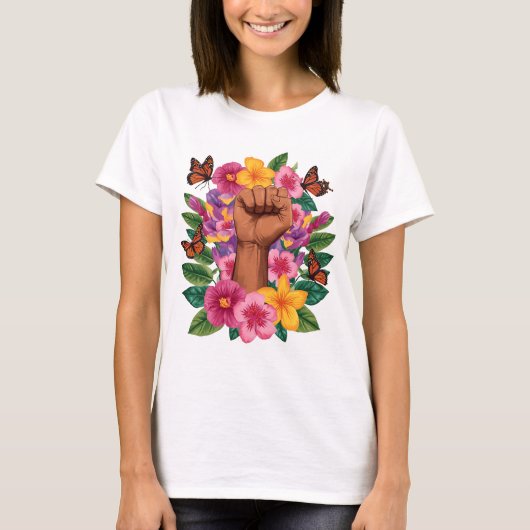 Poder Feminino Floral Camiseta Design Força Mulher Tシャツ (正面)