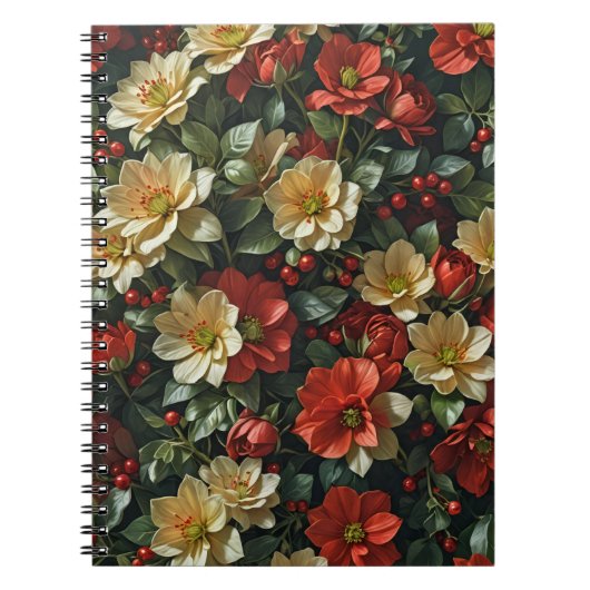 Poinsetia, fleurs rétro en rouge et vert ノートブック (正面)