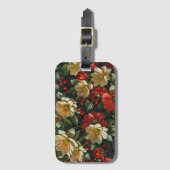 Poinsetia, fleurs rétro en rouge et vert ラゲッジタグ (正面縦)