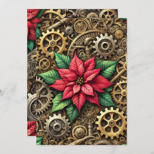 Poinsettiaを使用した印刷可能なSteampunk Clockwork 招待状 (正面/裏面)
