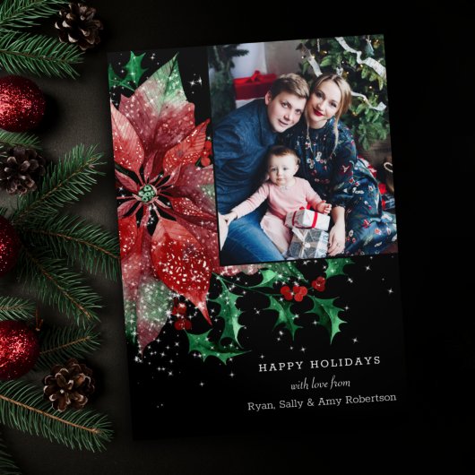Poinsettiaカラフル & Holly with Sparkles Photo 三つ折りカード