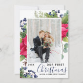 Poinsettia写真エレガント私たちの初めてのクリスマスブルー シーズンカード (正面)