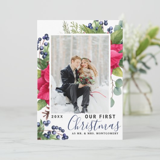 Poinsettia写真エレガント私たちの初めてのクリスマスブルー シーズンカード (スタンド正面)