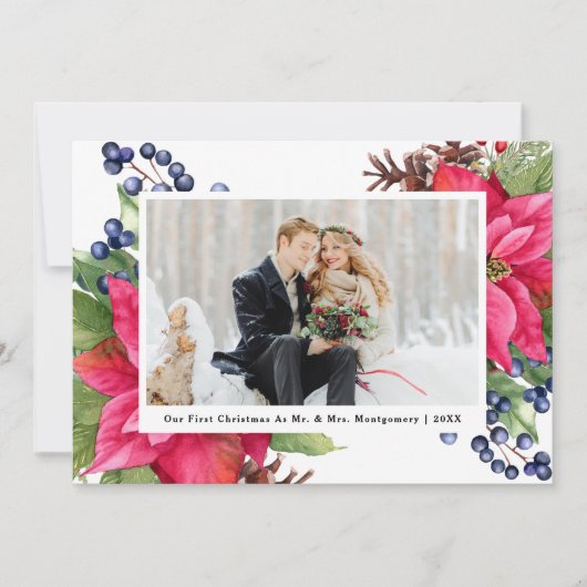 Poinsettia私たちエレガントの初めてのクリスマスブルーフォト シーズンカード (正面)