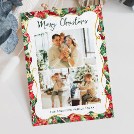 Poinsettia緑のパターンのクリスマス3写真 シーズンカード