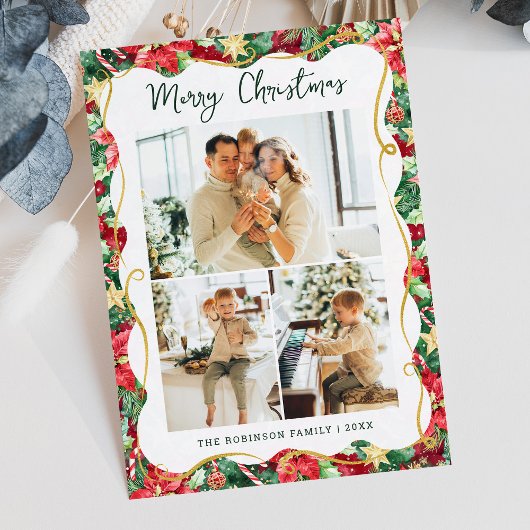 Poinsettia緑のパターンのクリスマス3写真 シーズンカード