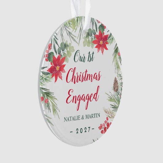 Poinsettia、私たちの最初のクリスマスフォト婚約したー オーナメント (正面)