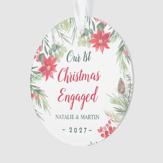 Poinsettia、私たちの最初のクリスマスフォト婚約したー オーナメント (正面)