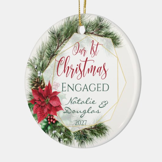 Poinsettia、私たちの最初のクリスマスフォト婚約したー セラミックオーナメント (左)