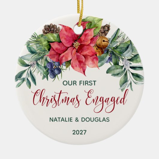 Poinsettia、私たちの最初のクリスマスフォト婚約したー セラミックオーナメント (正面)