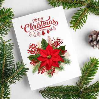 Poinsettia Berries Ornaments Merry Christmas シーズンカード