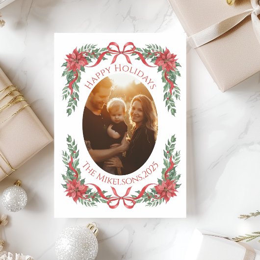Poinsettia Bow Photo Christmas シーズンカード