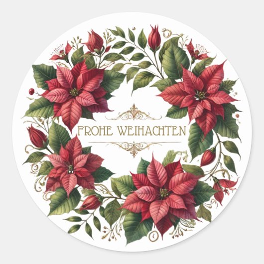 Poinsettia Christmasドイツ語Frohe Weinachen ラウンドシール (正面)