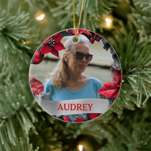 Poinsettia Christmas Wreath ANY Photo Tree セラミックオーナメント (ツリー)