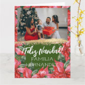 Poinsettia Feliz Navidadクリスマスファミリーの写真 カード (黄色い花)