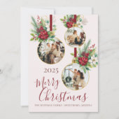 Poinsettia Floral 3 Photo Ornament Merry Christmas シーズンカード (正面)