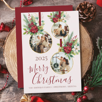 Poinsettia Floral 3 Photo Ornament Merry Christmas シーズンカード