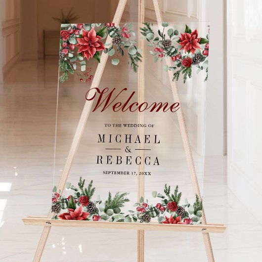 Poinsettia Floral Christmas Wedding Welcome アクリルサイン