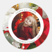 Poinsettia Floral Happy Holiday Photo ラウンドシール (正面)