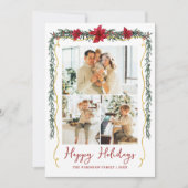 Poinsettia Greenery Gold Happy Holidays 3 Photo シーズンカード (正面)