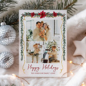 Poinsettia Greenery Gold Happy Holidays 3 Photo シーズンカード