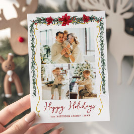 Poinsettia Greenery Gold Happy Holidays 3 Photo シーズンカード