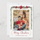 Poinsettia Greenery Gold Merry Christmas 1 Photo シーズンカード (正面)