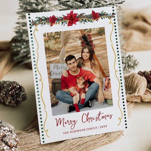 Poinsettia Greenery Gold Merry Christmas 1 Photo シーズンカード