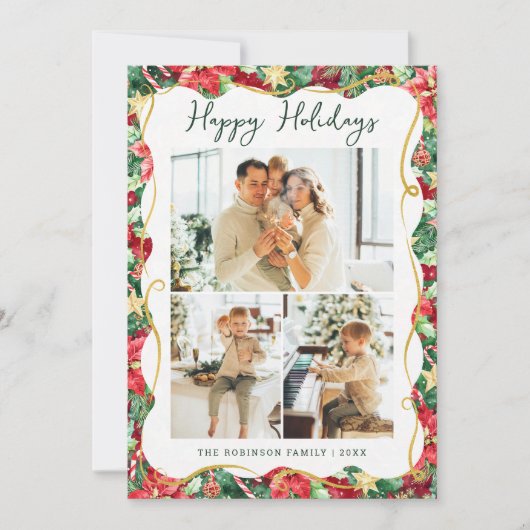 Poinsettia Greenery Pattern Happy Holidays 3 Photo シーズンカード (正面)