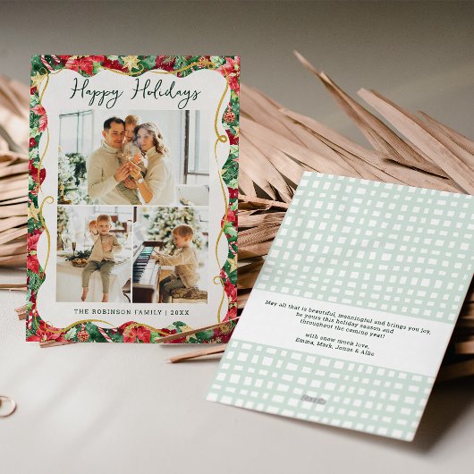 Poinsettia Greenery Pattern Happy Holidays 3 Photo シーズンカード