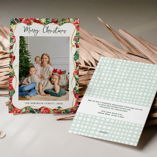 Poinsettia Greenery Pattern Merry Christmas Photo シーズンカード