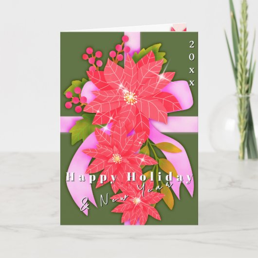 Poinsettia Happy Holiday New Year Green カード (正面)