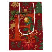 Poinsettia, Initial E Letter White Medium Gift ミディアムペーパーバッグ (裏面)
