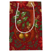 Poinsettia, Initial J Letter Reindeer Medium Gift  ミディアムペーパーバッグ (正面)