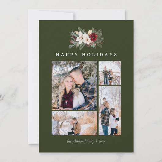 Poinsettia & Lily 5 Photo Collage Rustic Christmas シーズンカード (正面)