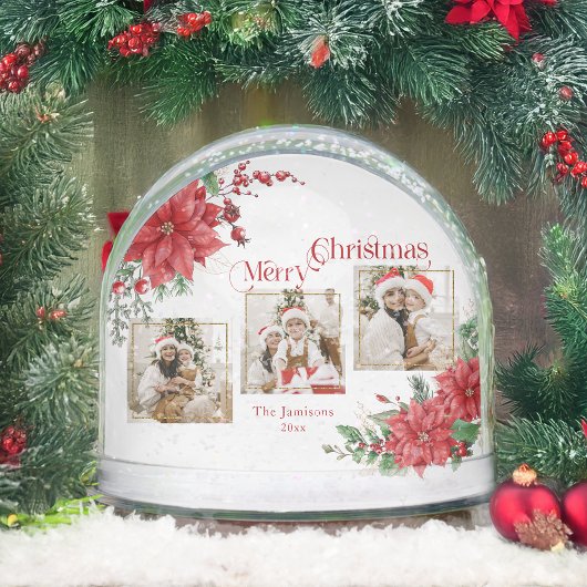 Poinsettia & Merry Christmas 3-Photo Snow Globe