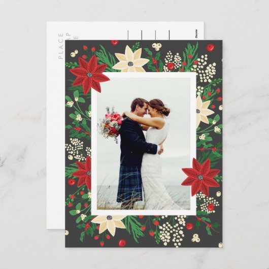 Poinsettia & Mistletoe – クリスマス結婚の写真 シーズンポストカード (正面/裏面)