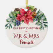 Poinsettia、Mr. & Mrs. Photoとして私たちの最初のクリスマス セラミックオーナメント (正面)