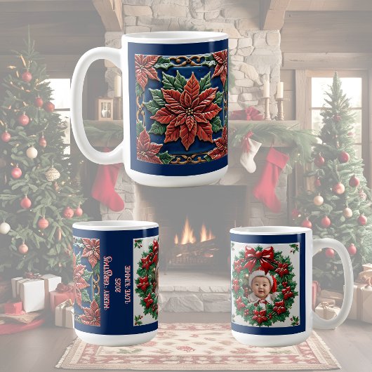 Poinsettia on Blue Christmas Customizable  コーヒーマグカップ
