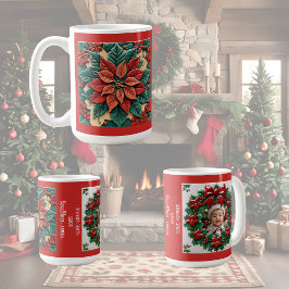 Poinsettia on Red Christmas Customizable コーヒーマグカップ