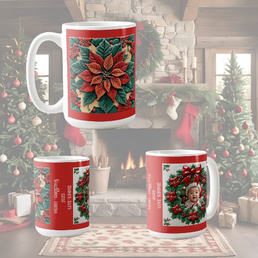 Poinsettia on Red Christmas Customizable コーヒーマグカップ