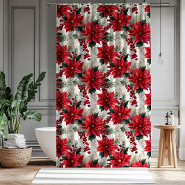 Poinsettia Pattern Curtain Classic Holiday Look シャワーカーテン