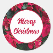 Poinsettia Photo Red Merry Christmas ラウンドシール (正面)