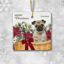 Poinsettia Pug Dog Christmas Basket セラミックオーナメント