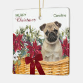 Poinsettia Pug Dog Christmas Basket セラミックオーナメント (左)