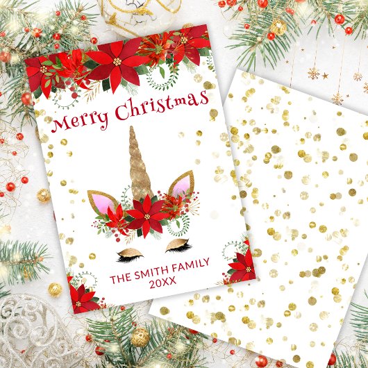 Poinsettia UnicornとRed Christmas Card 招待状