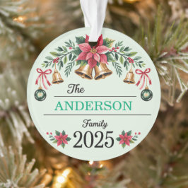 Poinsettia Wreath Bells Family Name 2025 Christmas オーナメント