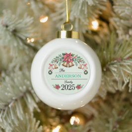 Poinsettia Wreath Bells Family Name 2025 Christmas セラミックボールオーナメント